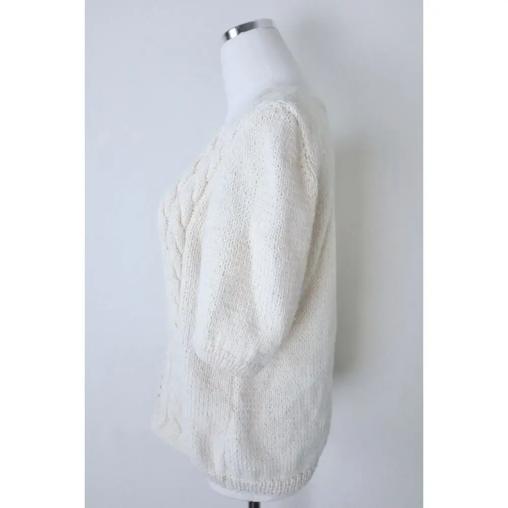 Handmade Cottagecore Short Sleeve Sweater Top Square Neck Cream Cable Knit - Picture 9 of 12